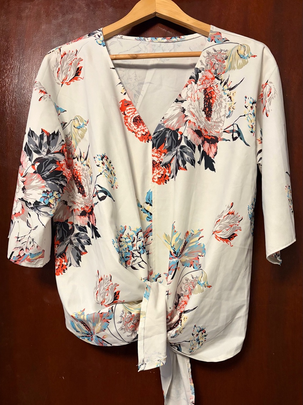 Women’s Zara Floral Tie-Front Blouse in Cream with Coral & Blue